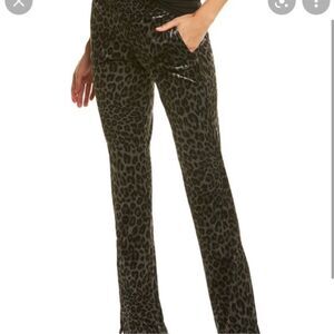 Pam & Gela Velvet Green Leopard Side Slit Pants FLAW